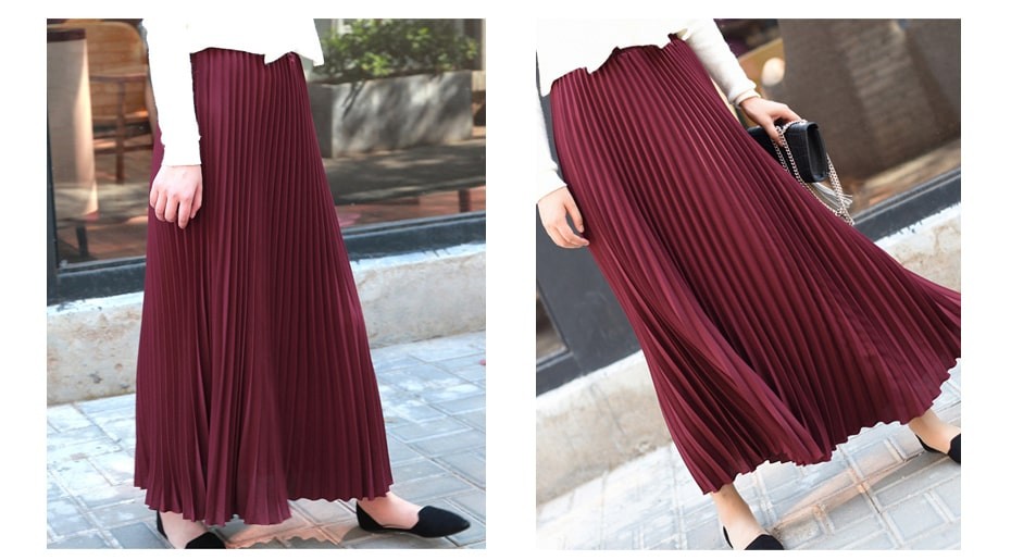 Wine Red Pleated Midi Long Skirt